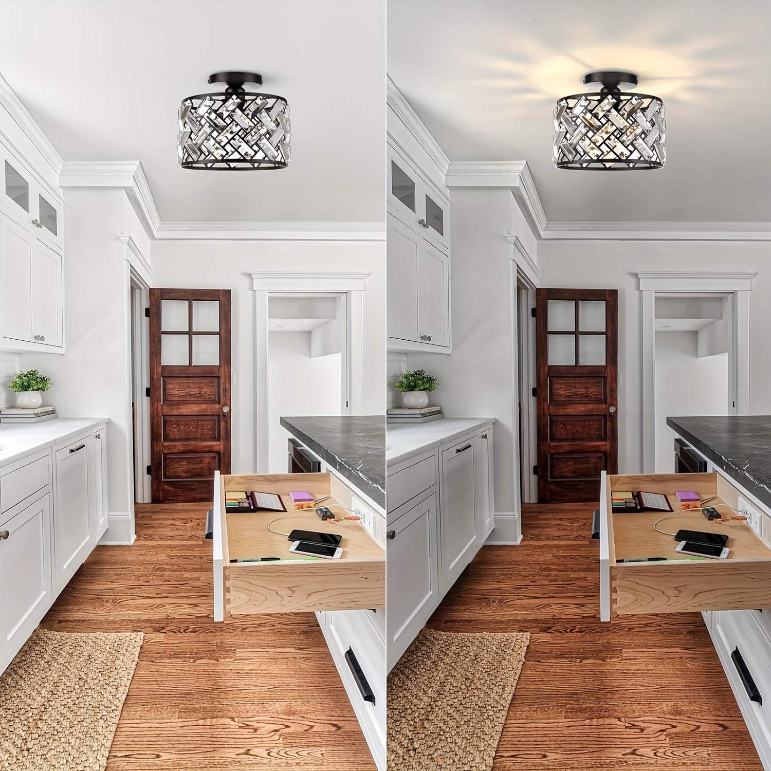 Amansur Modern Semi-Flush Mount Crystal Black Frame Ceiling Light - Semi-Recessed Installation, Suitable for Kitchen, Living Room, Bathroom, Entryway - Controller Sold Separately