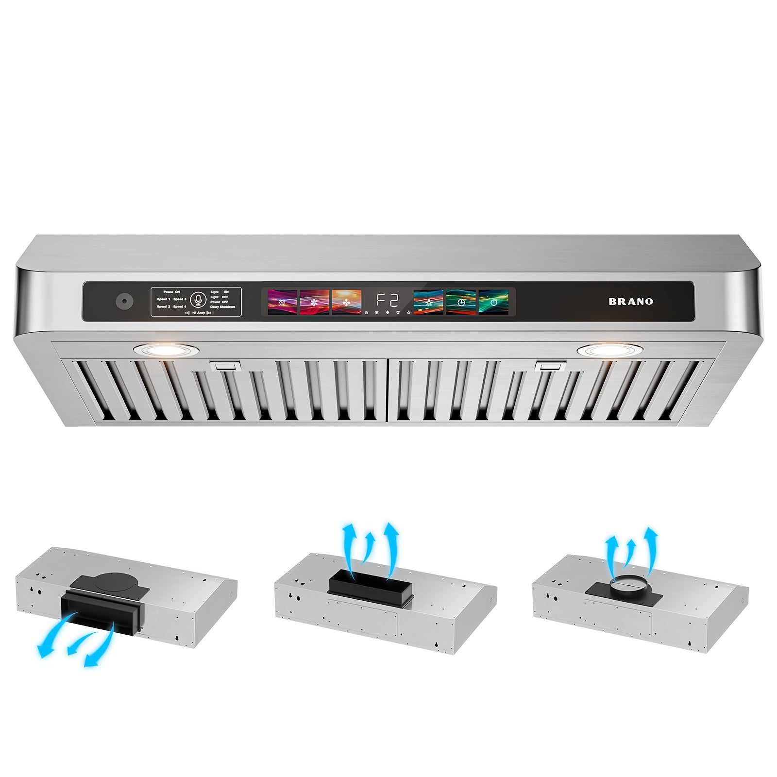 BRANO 36-Inch Under Cabinet Range Hood – Voice, Gesture & Touch Control, 900 CFM Kitchen Ventilation Fan with 4-Speed Exhaust Fan, Stainless Steel Stove Hood with LED Lighting & Baffle Filter