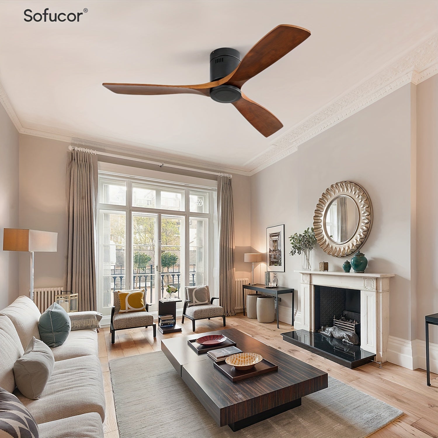 Sofucor 1pc 52" Flush Mount Ceiling Fan, Low Profile Ceiling Fan with Remote Control, Outdoor Ceiling Fan with 3 Double-Sided Walnut Blades, Noiseless DC Motor
