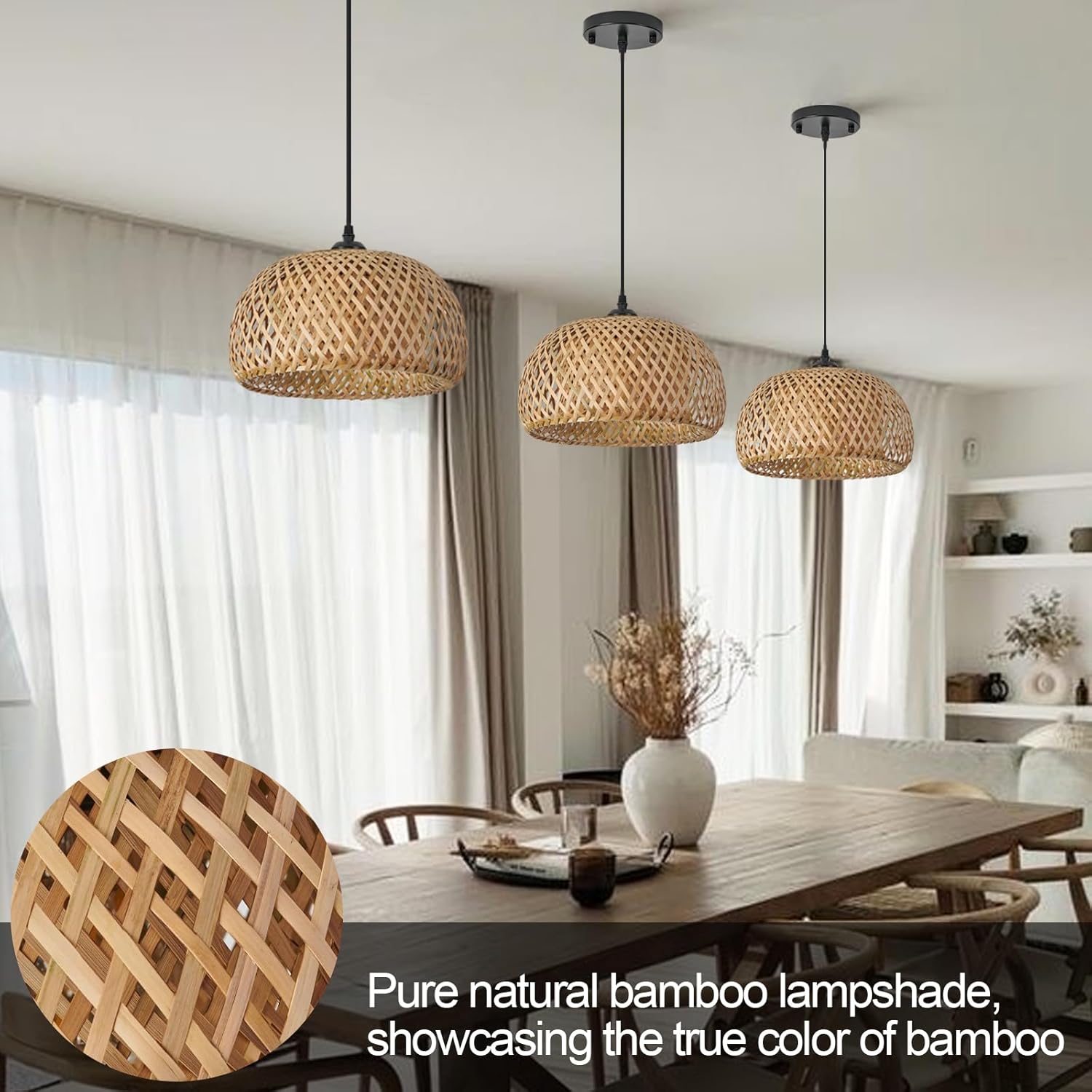 Two-pack, bamboo pendant light, 1 bohemian round basket pendant light hand-woven pendant light, natural bamboo rattan hanging pendant light, suitable for kitchen island, dining room, living room, porch.