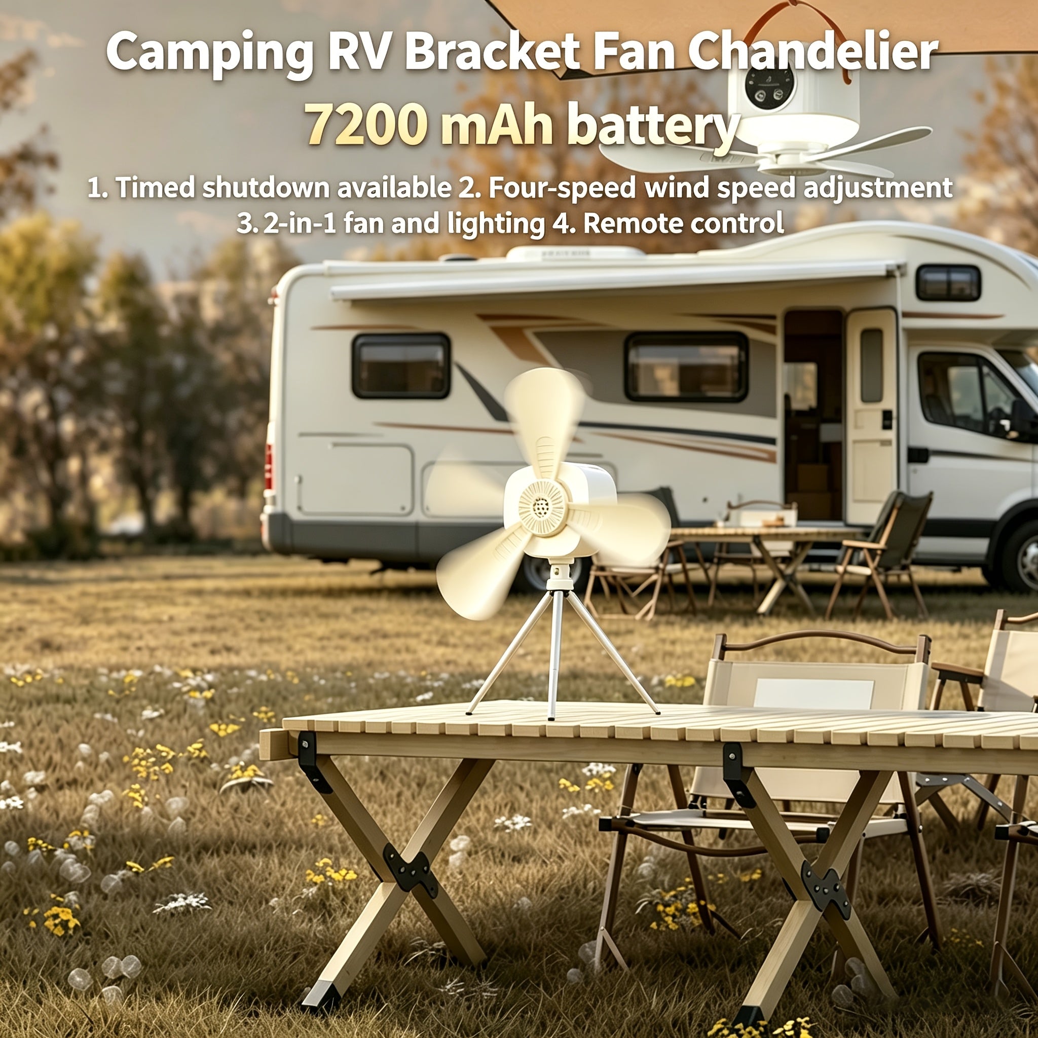 RV Interior Lighting Fan Light, 7200mAh Large Capacity Battery, Dual-Use Floor & Ceiling Fan, Suitable for RV, Tent, Under Sunshade & More Scenes