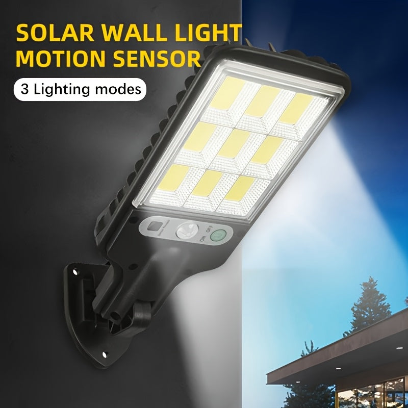 1 Smart Motion Activated Solar Light, Perfect for Commercial Streets and Areas, High Brightness LED Solar Wall Lighting, Rechargeable COB Street Light, with Three Outdoor Decorative Lighting Modes for Deck Security Purposes