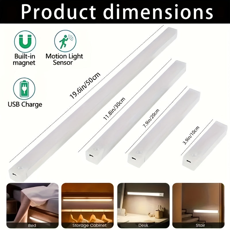 8-pack smart motion sensor LED light, household lighting LED tube, USB rechargeable + magnetic design, commonly used for cabinets, wardrobes, bookshelves, vanity tables, wireless, DIY night light. Bookshelf lighting