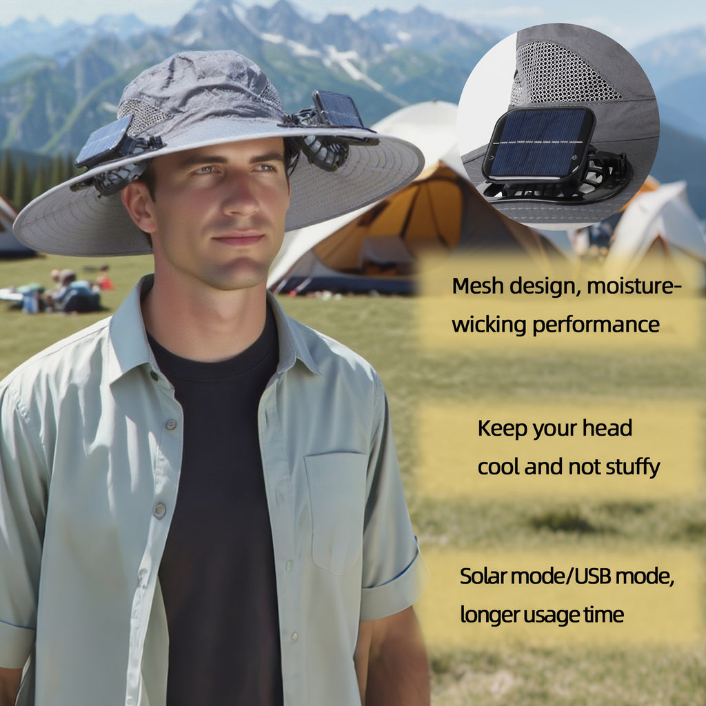 Solar Fan Hat, 800mAh Large Capacity Battery, 15cm Brim with Steel Wire Edging, UPF50+, Built-in 2 Pcs 180° Adjustable Fans, Solar & USB Dual Charging Support, Perfect for Beach, Camping, Fishing and Outdoor Activities