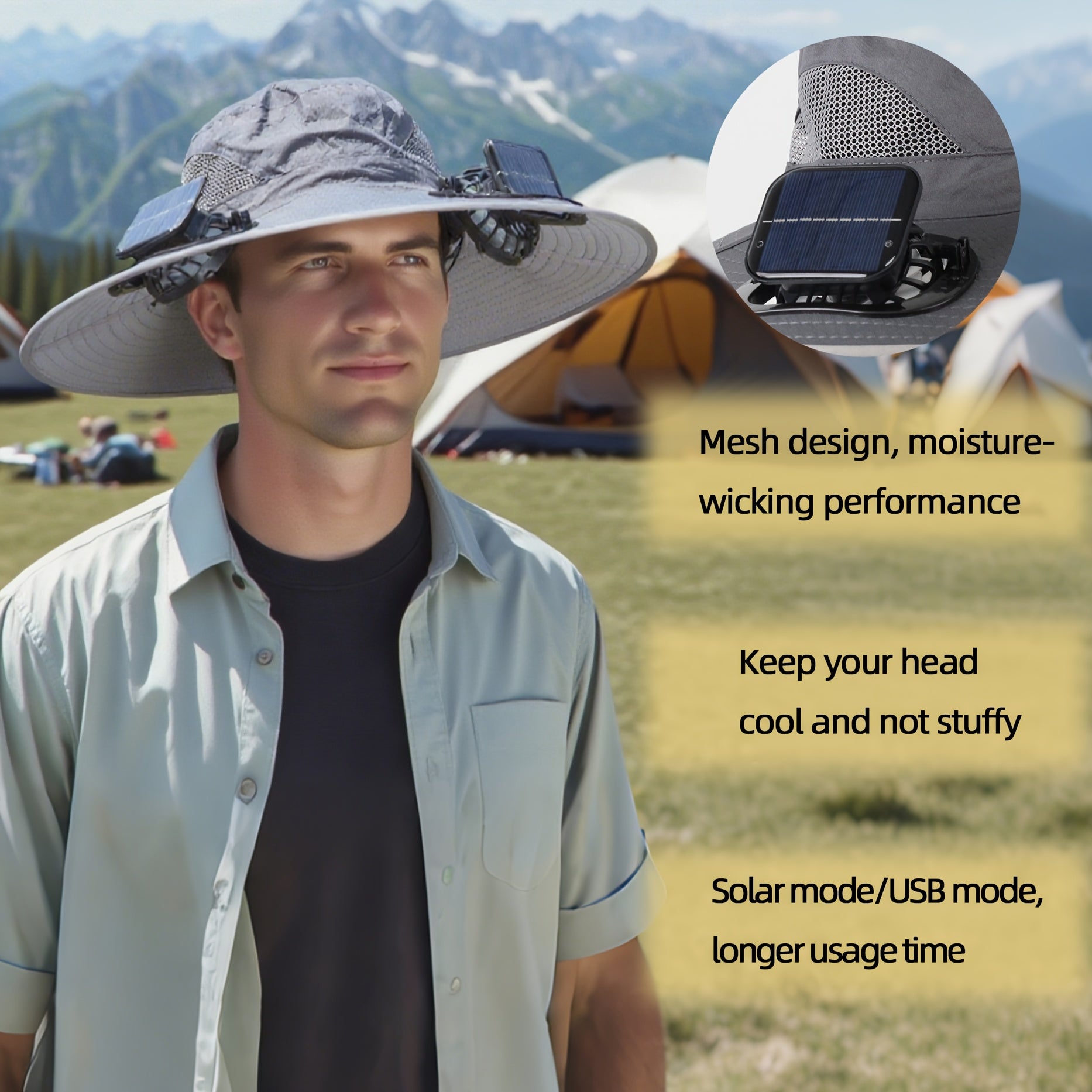 Solar Fan Hat, 800mAh Large Capacity Battery, 15cm Brim with Steel Wire Edging, UPF50+, Built-in 2 Pcs 180° Adjustable Fans, Solar & USB Dual Charging Support, Perfect for Beach, Camping, Fishing and Outdoor Activities