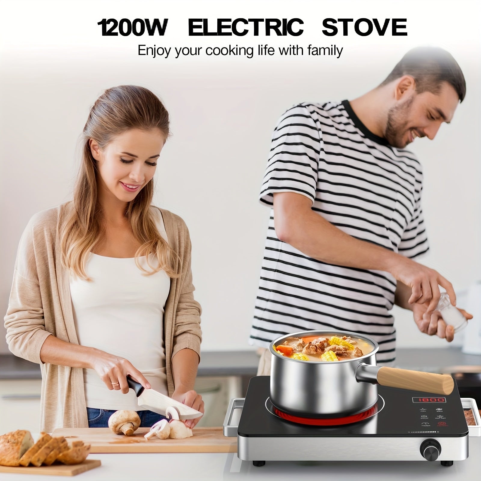 110V Portable Electric Hot Plate, Infrared Heating Plate, Knob Control, Single Burner Countertop Stove with Handle, 3-Hour Timer, Compatible with All Types of Cookware
