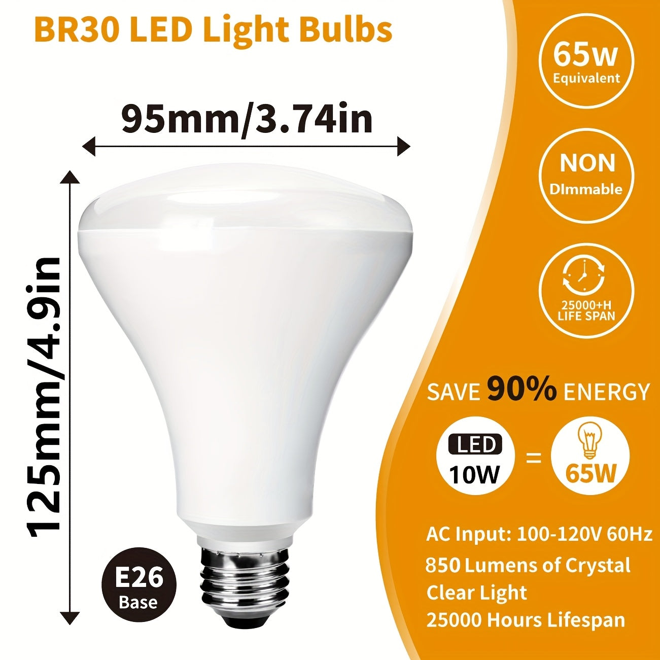 BR30 LED bulb 6-pack, E26 standard American screw base, 110-127V, 10W (equivalent to 65W) 850lm warm yellow light 3000K, non-dimmable, suitable for home, office, shopping mall, warehouse lighting, etc.