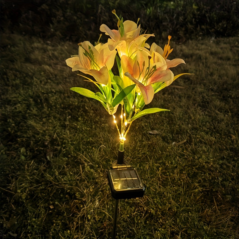 1-Piece Outdoor Solar Garden Light, Upgraded High Simulation 6 Lily Flowers, Spring, Autumn Decorative Solar Outdoor Light, Garden, Courtyard, Path, Lawn, Party, Holiday Decoration
