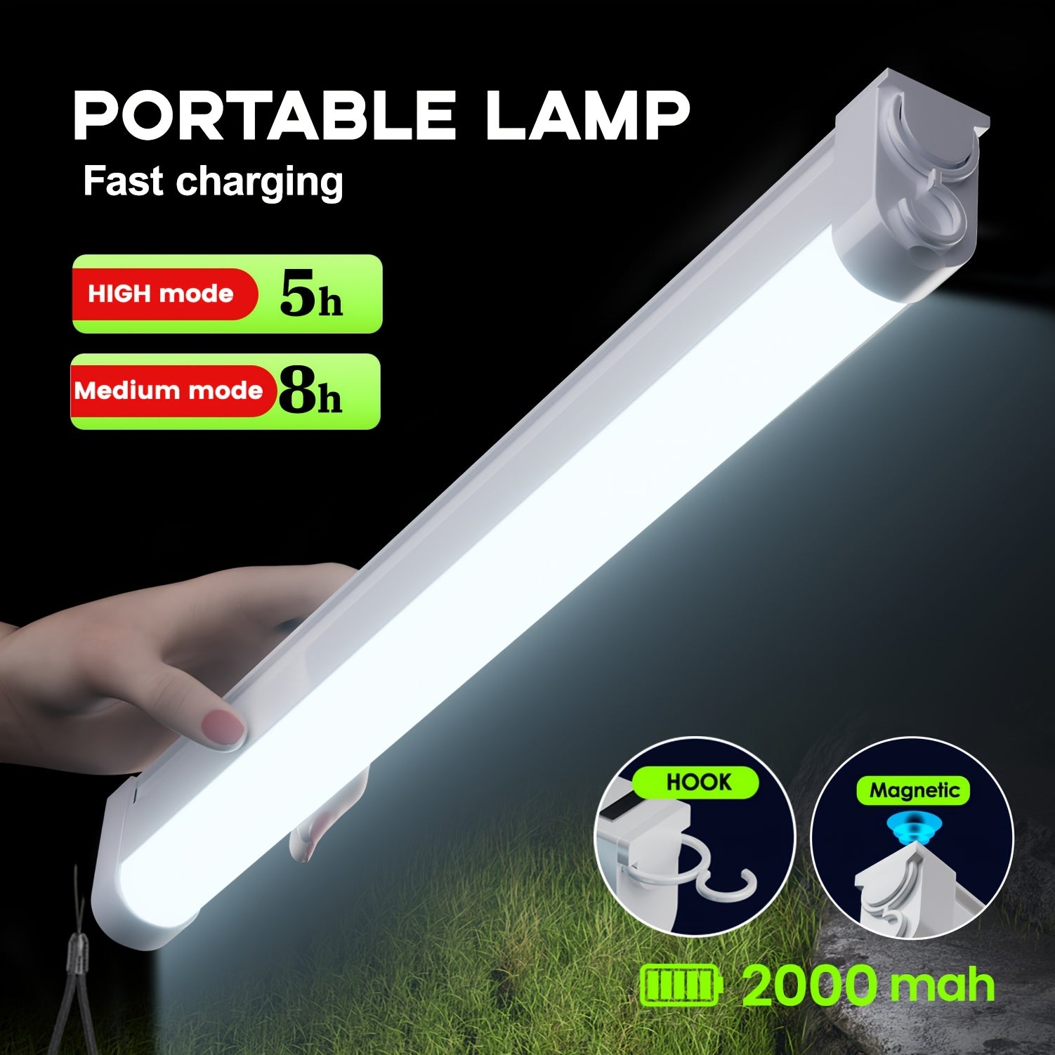 Rechargeable portable lighting lamp, long battery life, with hook, hands-free, suitable for car repair, garage lighting, camping, emergency power outage lighting, night fishing, night climbing and many other dark scenarios