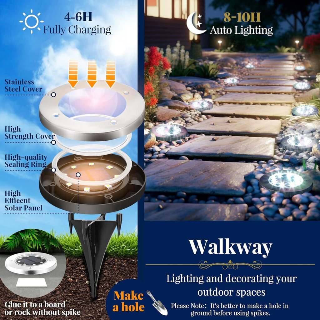 18/10/6-Pack Solar Ground Light, Outdoor Waterproof Solar Light, 8-LED Solar Landscape Light, Suitable for Garden, Courtyard, Patio, Path, Driveway, Walkway (Cool White Light)