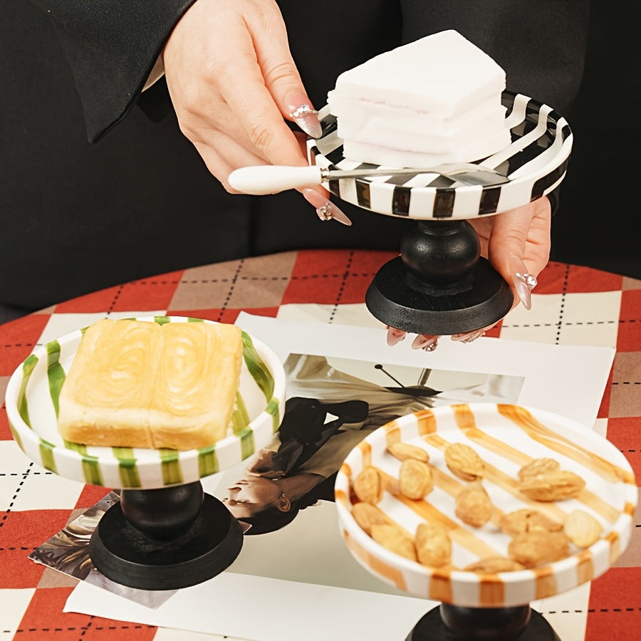 1 Piece Hand-Painted Vintage Japanese Striped Ceramic Plate – Multi-Color Dessert & Appetizer Dish, Unique Footed Design, Perfect for Pudding & Home Kitchen Décor