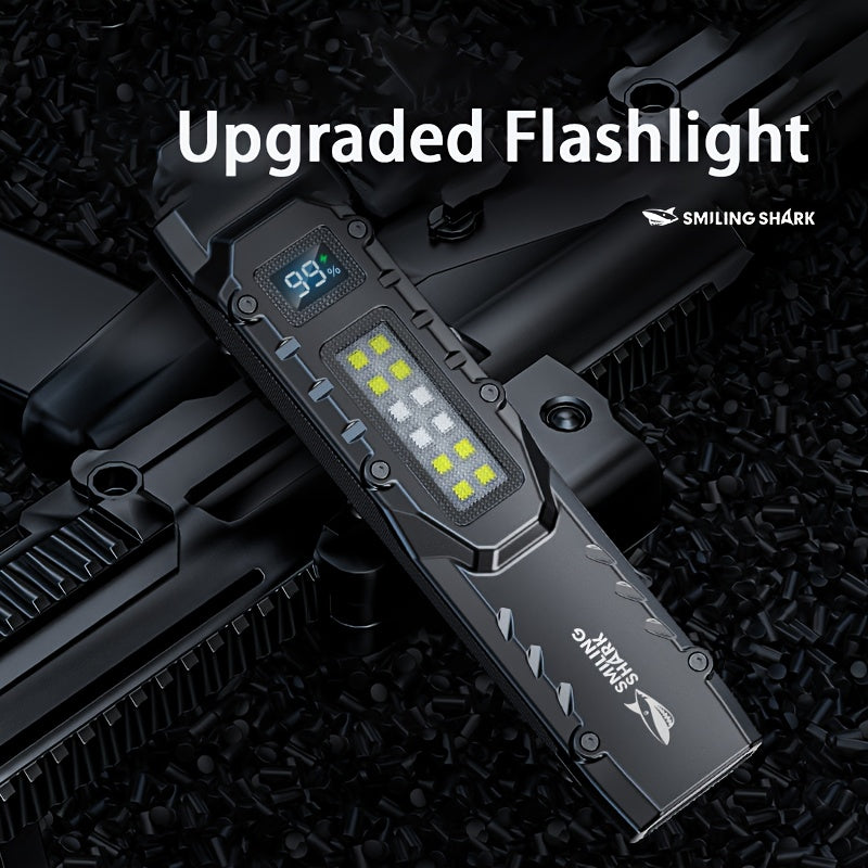 SMILING SHARK SD5308 LED Flashlight with 9 Different Modes, Type-C Rechargeable, Built-in High-Brightness COB Floodlight. It Features a Tail Switch for Easy Carrying, Digital Battery Level Display, and a Pocket Clip.
