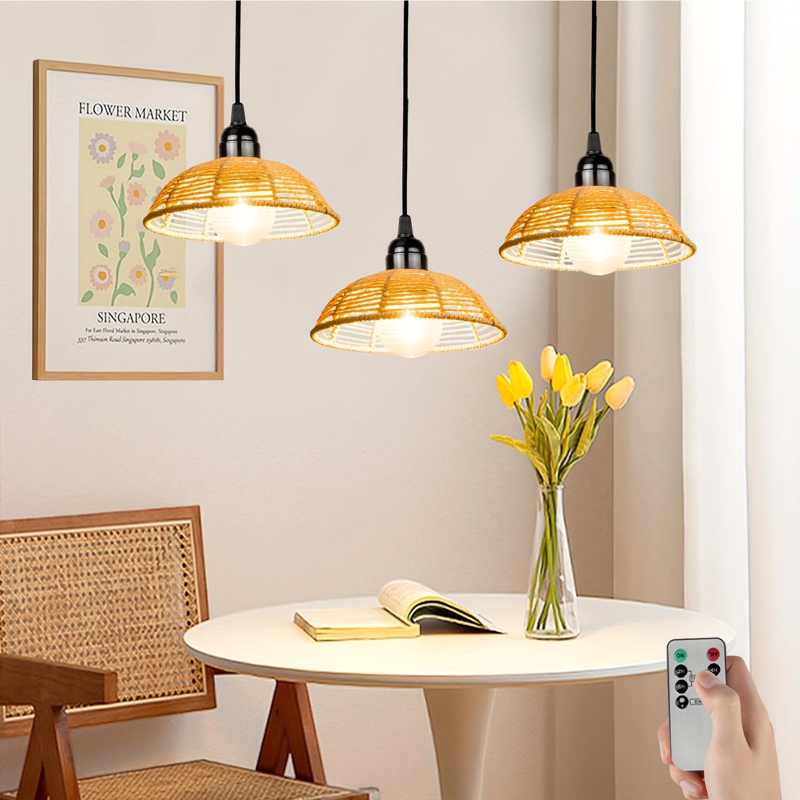 3-Piece Battery Operated Gazebo Pendant Light, Bohemian Handwoven Pendant Lamp, Indoor Lantern Powered by 4 AA Batteries with Timer, Gift and Decoration for Patio, Garden, Living Room, Bedroom