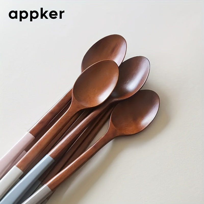 Appker Japanese Wooden Dinnerware Set 4-Piece – Colorful Long Handle Spoon & Chopstick Set – Handcrafted Reusable Cutlery Set for Halloween