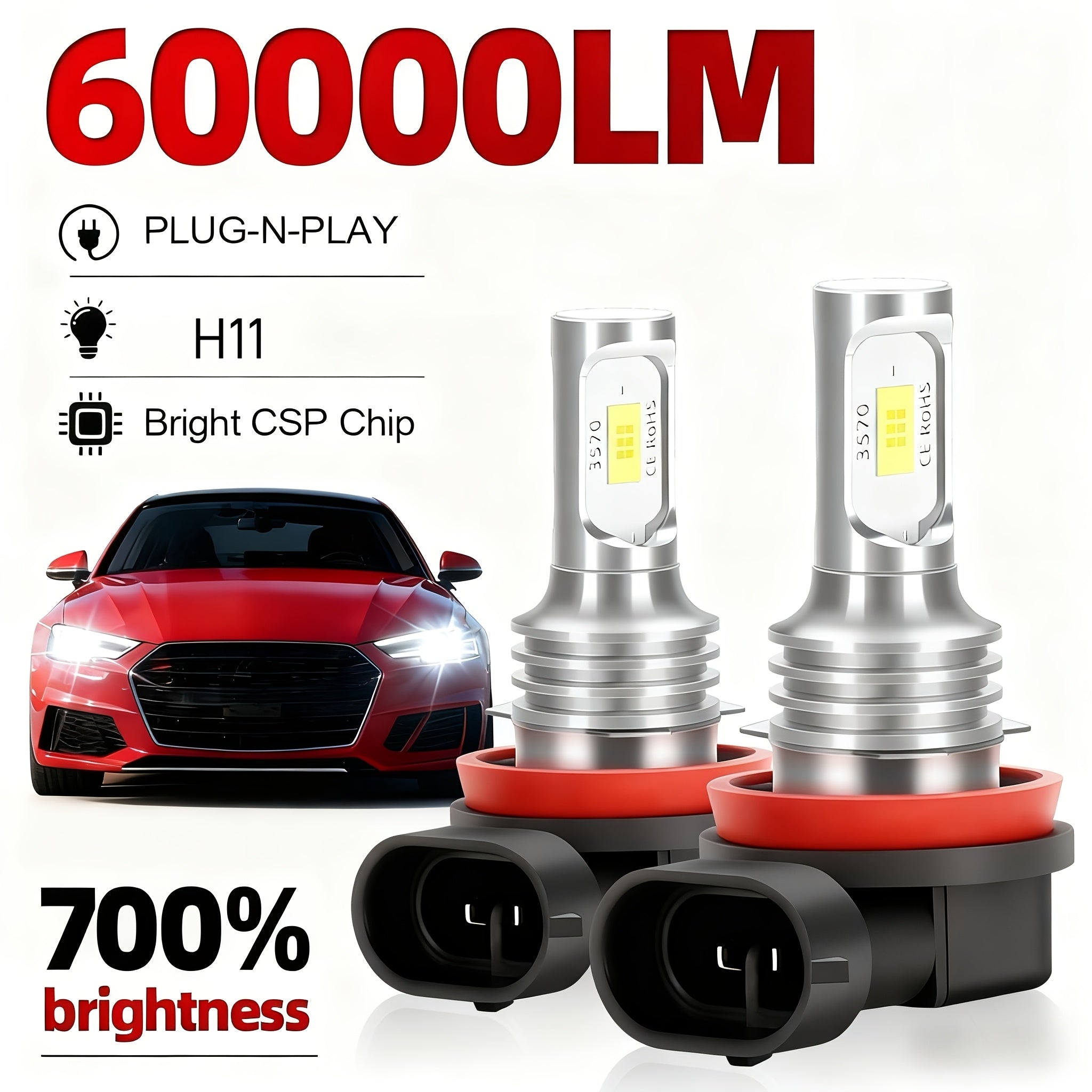 2个装 H7 LED 大灯灯泡 Hi/Lo 照明模式