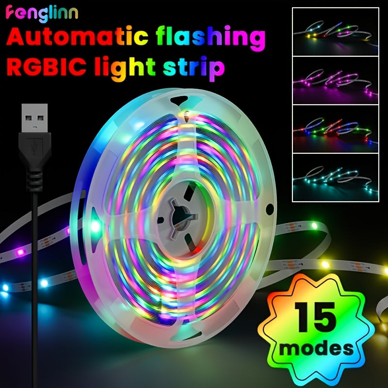 RGB IC USB 智能LED灯带，自动变色 - 15种模式，5V USB供电，无需控制器，长度从1到590.55英寸，非常适合卧室、客厅、婚礼、装饰照明、现代照明、高品质照明