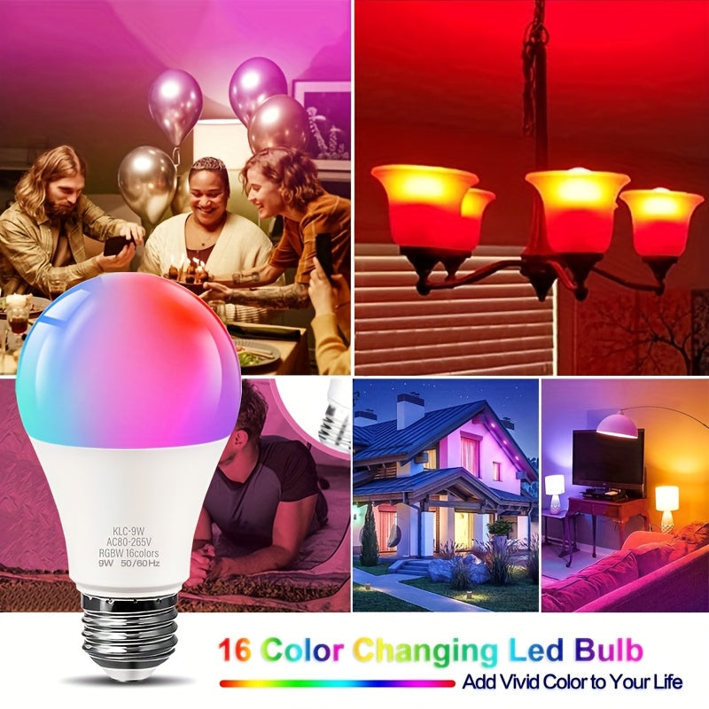 Kasotile dimmable E26/27 warm white LED bulb, 9W RGBW 600LM, 16 color changing modes, suitable for Christmas, parties and other occasions, with remote control, 6-pack