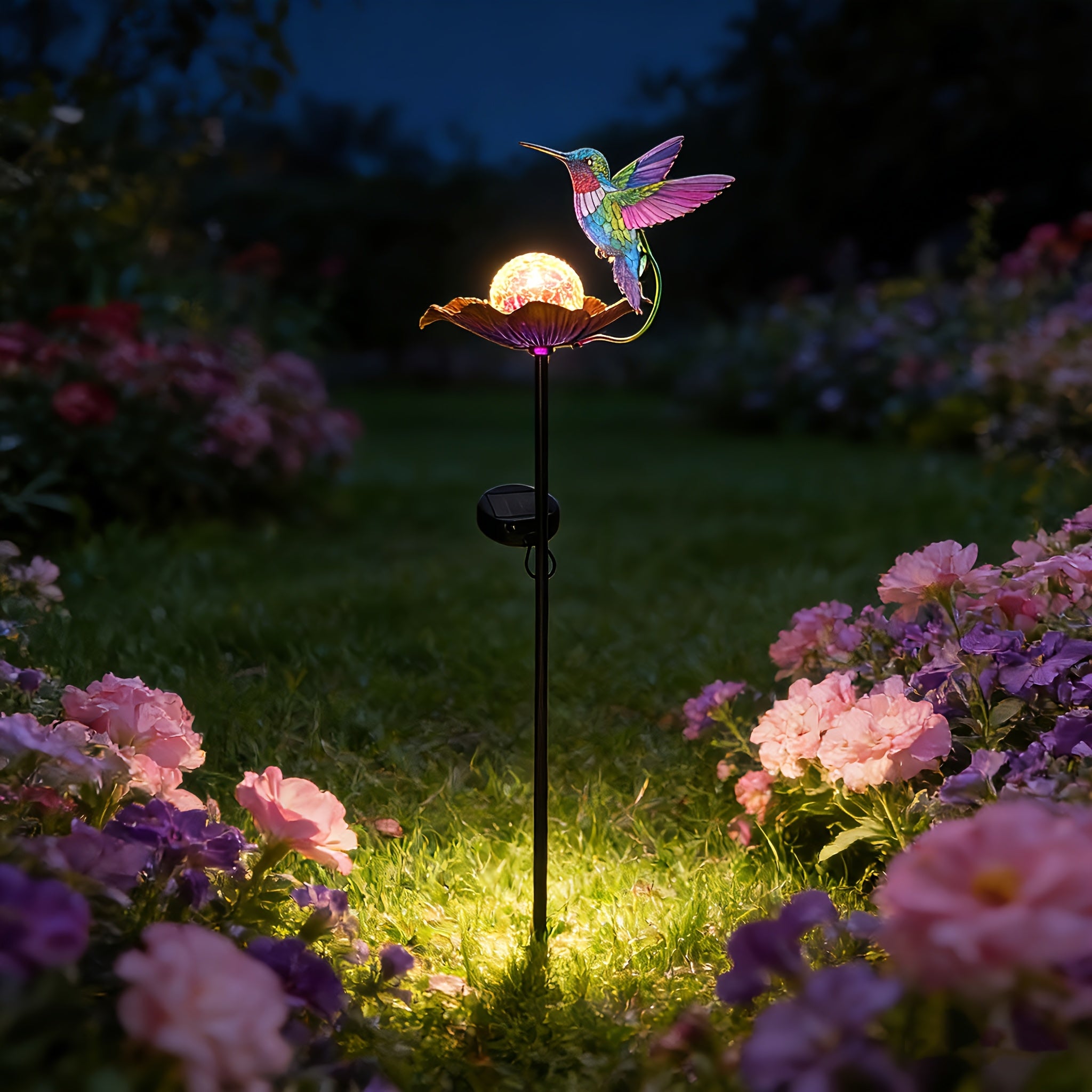 Hummingbird Glass Globe Flower Solar Outdoor Light, Beautiful Hummingbird Decorative Light, Fun Hummingbird Flower Glass Globe Light