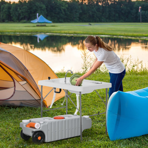 19.8 Gallon RV Water Tank, Portable Holding Tank for Sewage / Grey Water, Features Swivel Drain Outlet, Level Indicator & Three Rollers for Easy Mobility and Fast Dumping