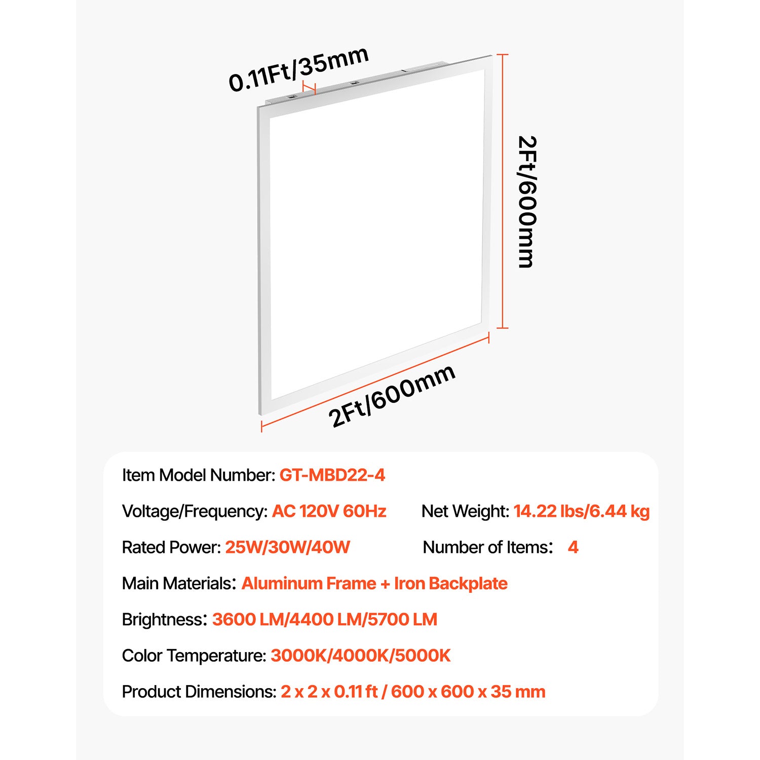 VEVOR 2x2 ft LED Flat Panel Light, 5700 Lumens, Recessed LED Ceiling Fixture, 3 Color Options 3000K/4000K/5000K, 25W/30W/40W, 0-10V Dimmable, Ultra-Slim Design Suitable for Home Kitchen, 4-Pack