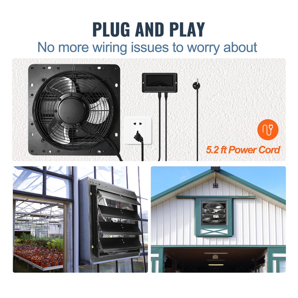 VEVOR Shutter Exhaust Fan, 12''/14''/16'' with Temperature and Humidity Controller, EC Motor, 940 CFM/1513 CFM/1747 CFM, 10-Speed Wall Mount Attic Fan for Greenhouse, Garage, Shed Ventilation and Cooling