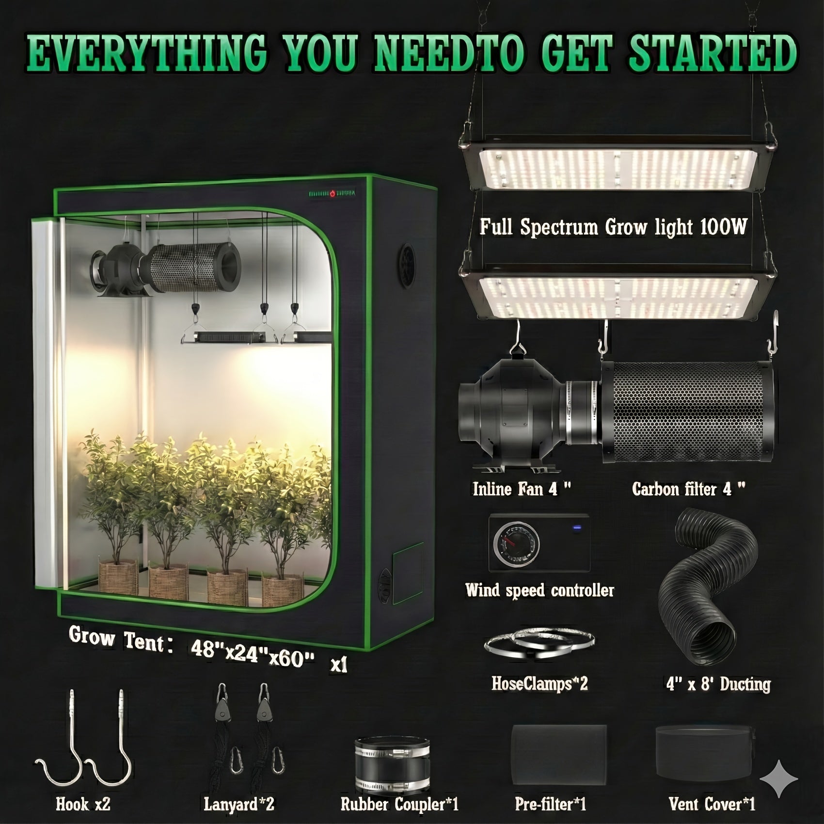 1800D Material 48x24x60 Inch (≈4x2 Ft) Hydroponic Grow Tent, Optional Accessory Kit: 100W Dimmable LED Light, 8ft Ducting, 4"/6" Vents, Optional Standard Independent Fan & Filter Combo or New Integrated Fan-Filter Unit