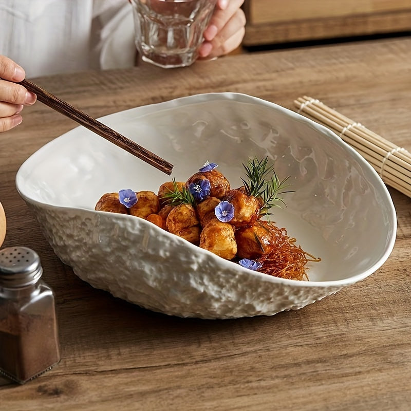 New Light Luxury Large Steamed Fish & Soup Plate, High-End Hotel Tableware, Rock Grain Shell-Shaped Ceramic Plate for Home Use