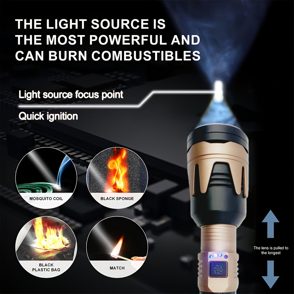 All-Aluminum Flashlight, Includes Small Storage Pouch, Equipped with Durable 5000mAh Battery, Zoomable Lens, Fresnel Lens Ignition Function, A Great Gift Idea. Features a Hands-Free Lanyard Design