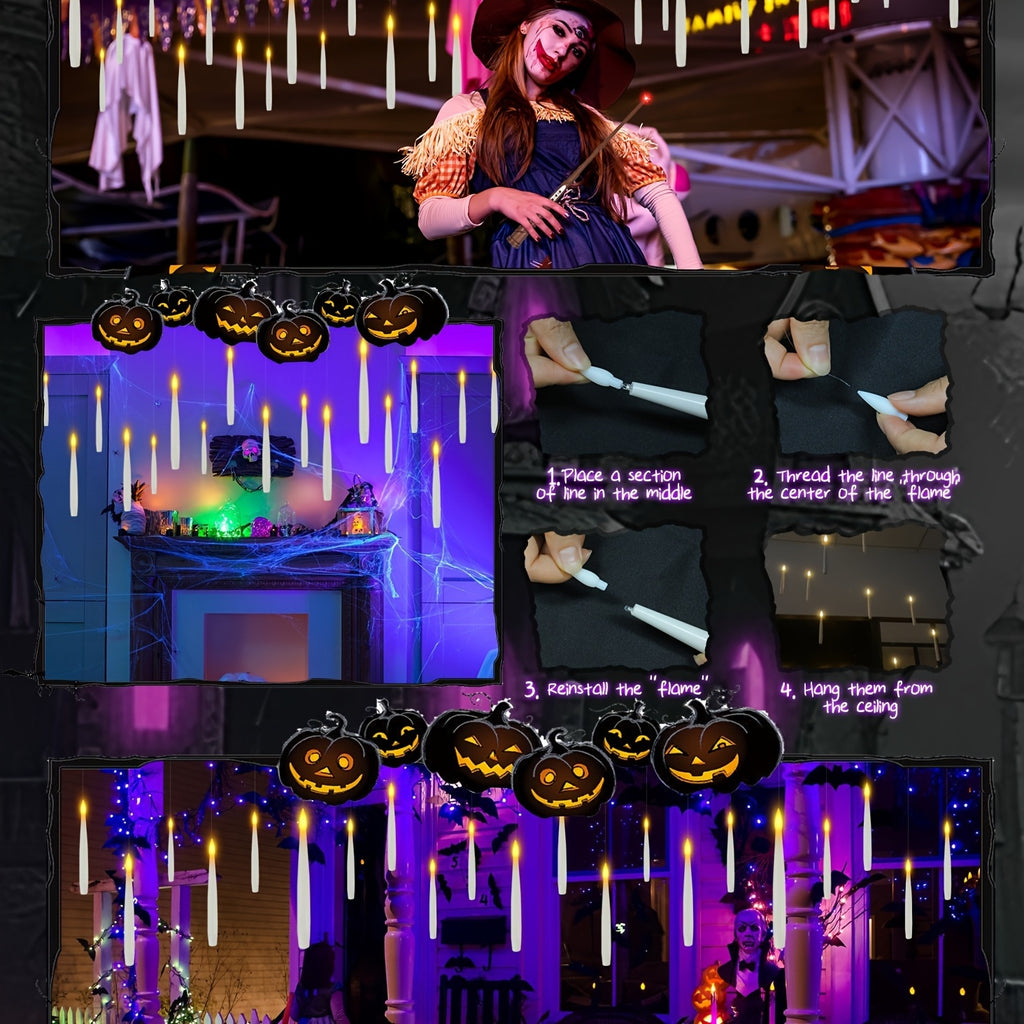 10/20/24支带魔杖的浮动蜡烛，魔法悬挂蜡烛,万圣节装饰品，闪烁暖光无焰浮动LED蜡烛带遥控器,电池供电锥形蜡烛套装,适合节日主题派对，圣诞节，生日礼物，聚会装饰