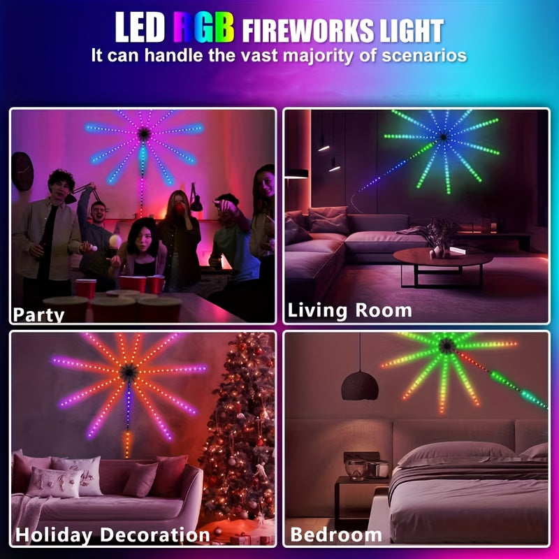 RGB 智能烟花灯带，遥控器控制，多种灯光模式，音乐同步RGB ，梦幻色彩LED灯条USB接口供电 – 适用于室内派对、圣诞装饰、智能家居装饰氛围，节日送礼的完美选择
