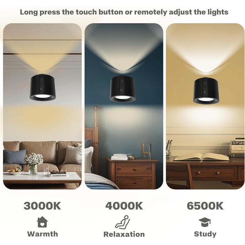 1 indoor rechargeable LED spotlight, dual-side light source, Type-C charging and USB interface. Suitable for wireless art spotlight in living room, with timer remote control, adjustable wall light, suitable for galleries, wardrobes, portraits, statues