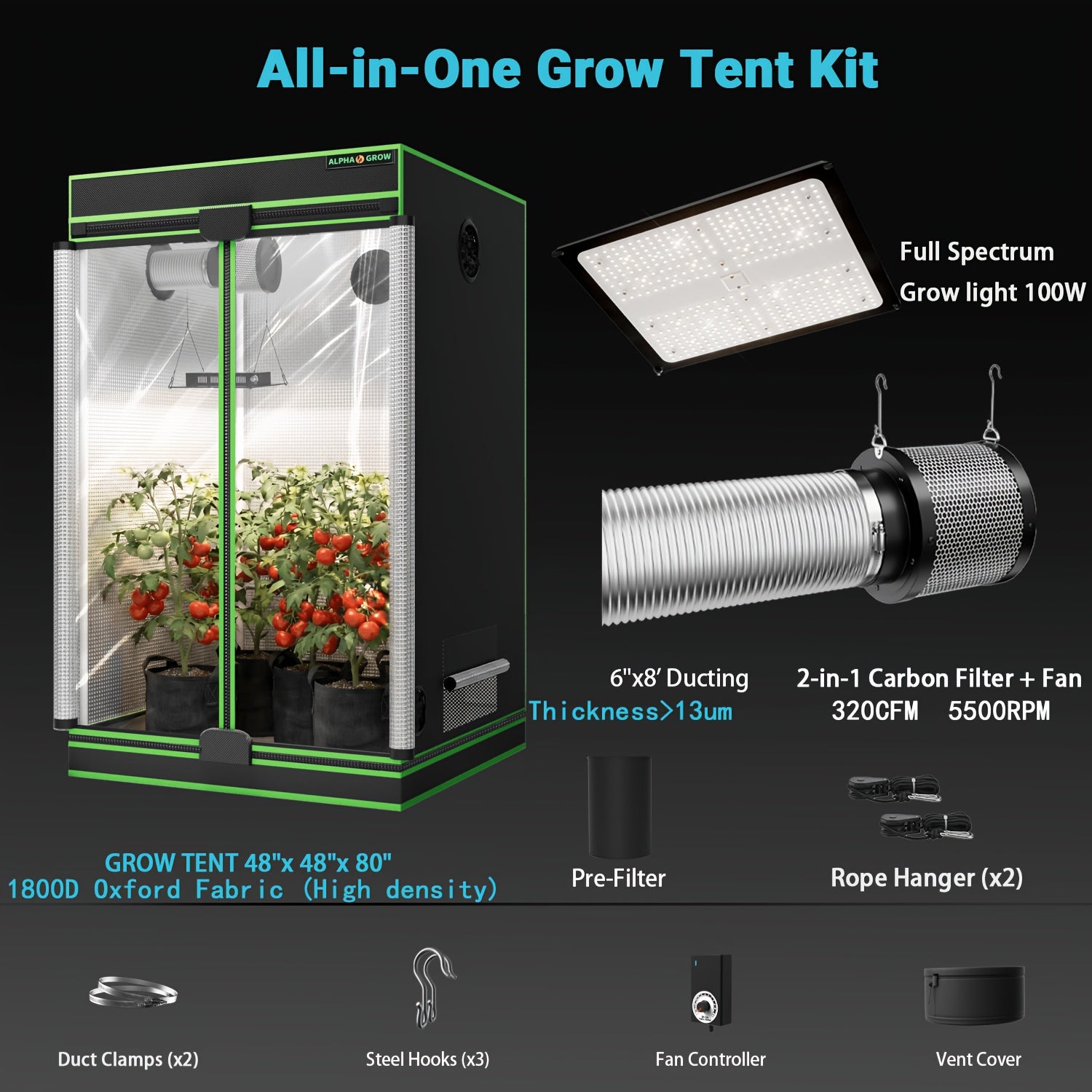 Professional 1800D 4x2 Grow Tent Kit 48"x24"x60", Complete Hydroponic System for Indoor Plants, 100W Full Spectrum LED Grow Light, 320CFM 6 Inch 2-in-1 Fan & Carbon Filter Combo 2398196504, High Reflective Mylar Lining