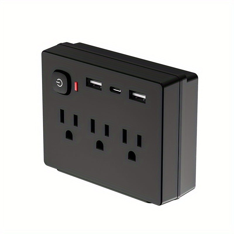 Black US-spec Power Outlet With 6 AC Outputs Plus 2 USB-A And 1 USB-C Ports, Featuring A Compact, Mini, And Portable Design. It Comes With Overload Protection, A Power-off Switch, Safeguard Mechanisms, And Is A 9-in-1 Multifunctional Power Strip