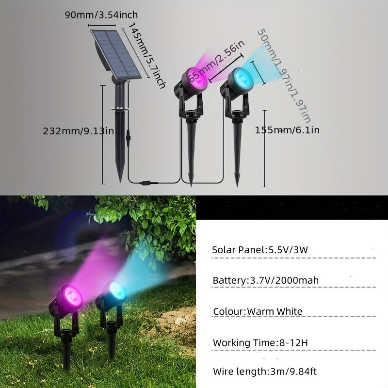 A set of outdoor solar spotlights suitable for Christmas and Halloween, with RGB color cycling, LED landscape lighting, 9.8 ft cable, separate solar panel, and dusk-to-dawn function, can be used to illuminate driveways, walkways, and pool areas
