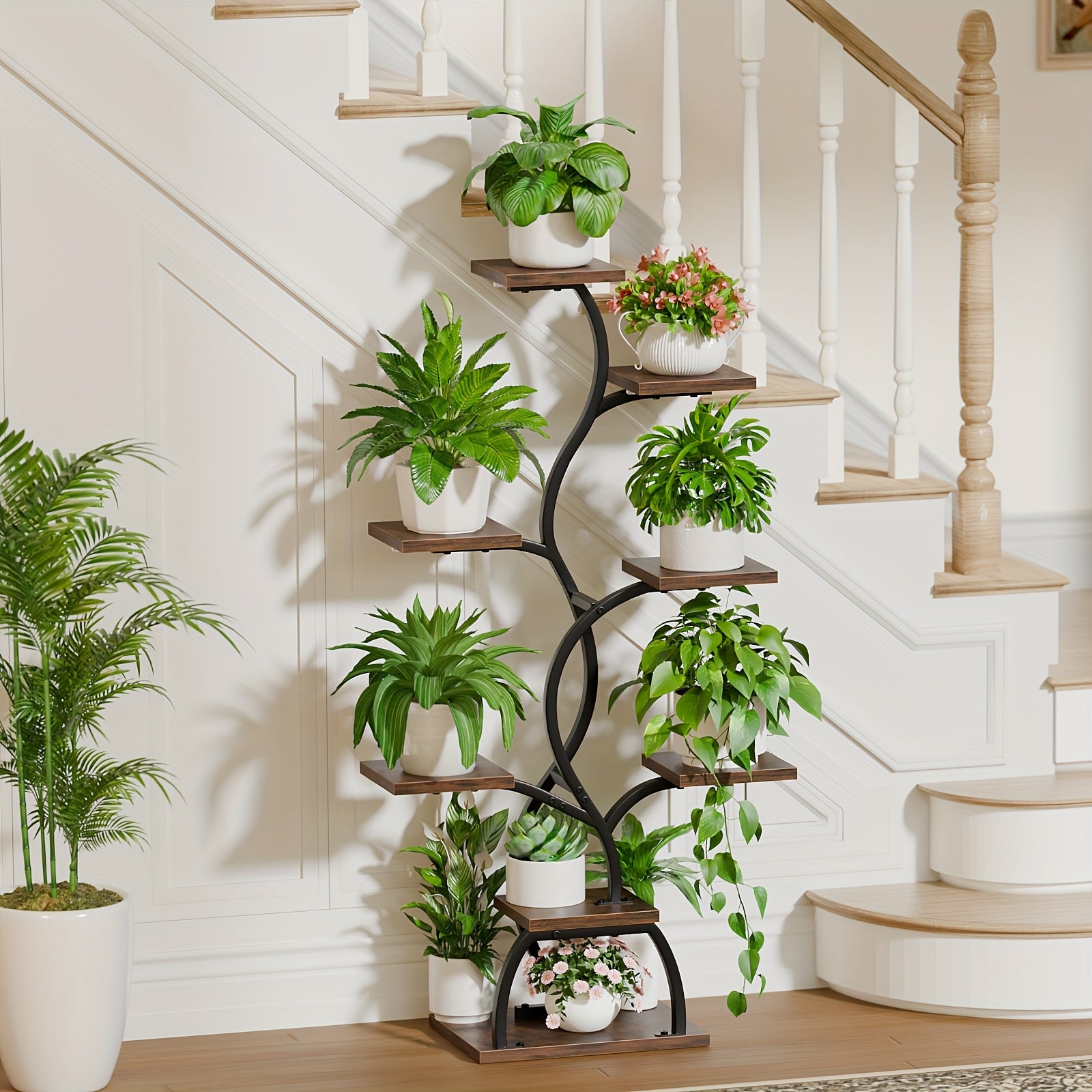 8-Tier Corner Plant Stand with Grow Light, 49 Inch Tall Single-Piece Indoor Metal Shelf, Multi-Functional Compact Display Rack for Plants Decorations Photo Frames