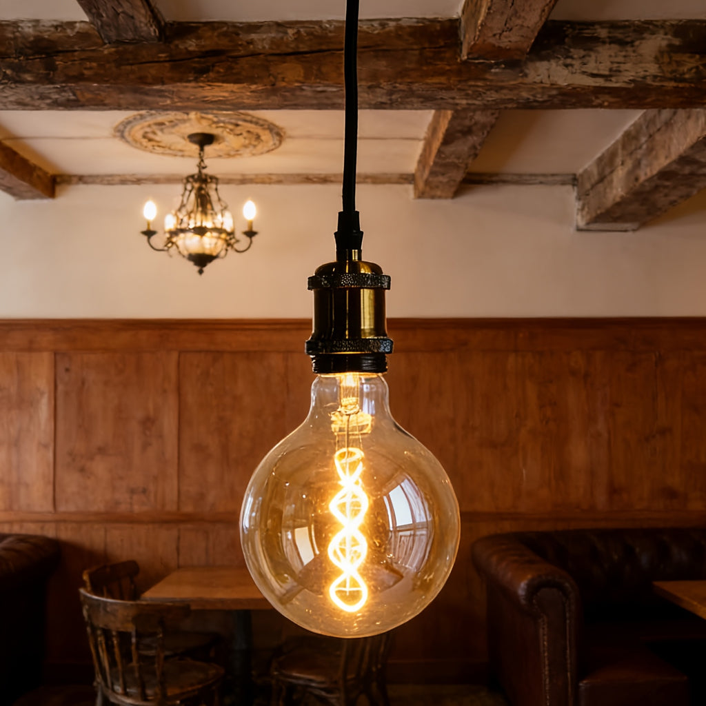 1-pack, vintage Edison LED bulb, large globe G40 spiral LED filament bulb, 2300 Kelvin warm light, 4 watt dimmable, 120V E26 decorative bulb, golden tint glass, globe bulb, amber glass bulb