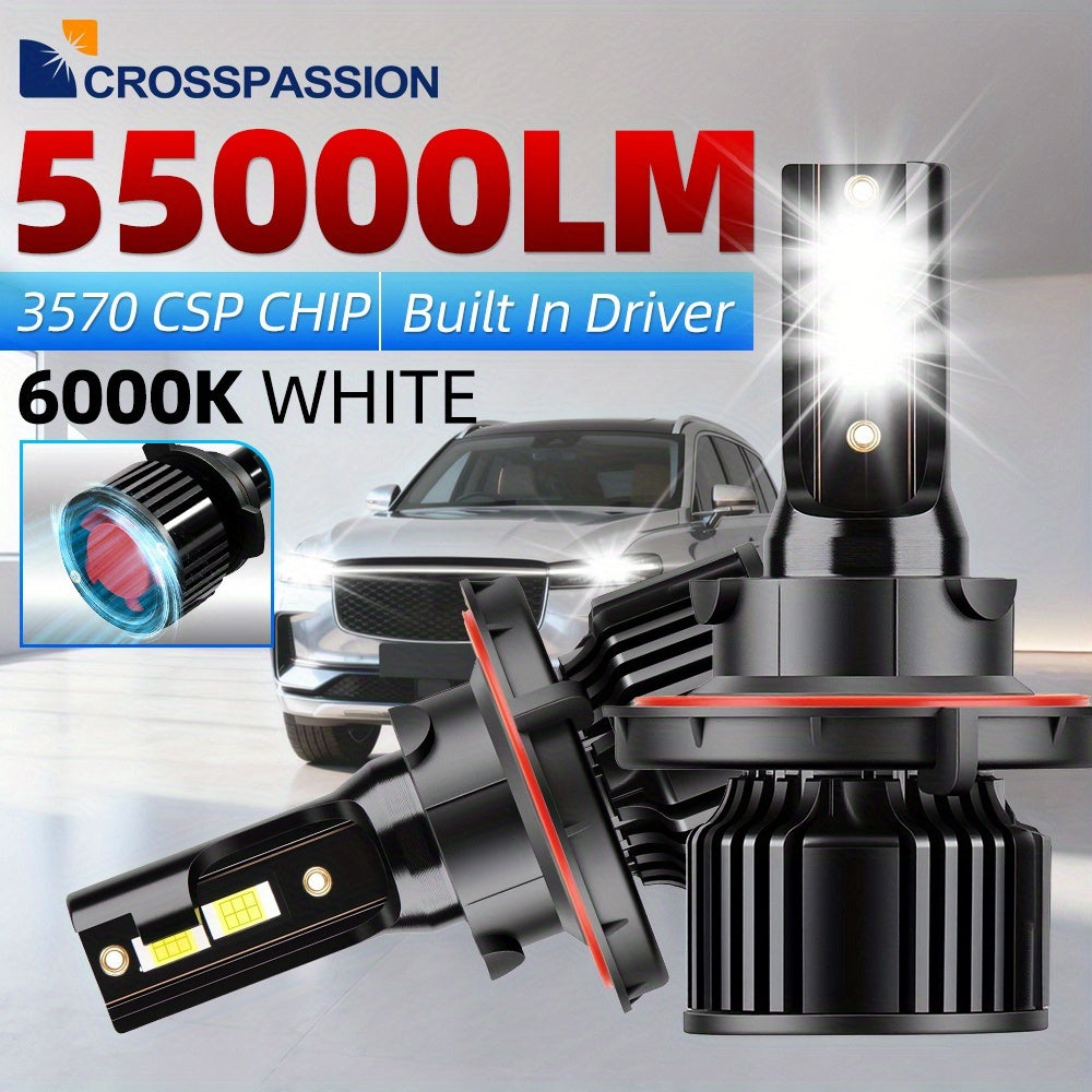 CROSSPASSION 55000 Lumens LED Headlights, Compatible with 9005 HB3 9006 HB4 H1 H4 H7 H11 H13 9007 High/Low Beam Bulbs, 3570 CSP Chip, 6000K White Light, Built-in Driver Plug-and-Play, 2-Pack