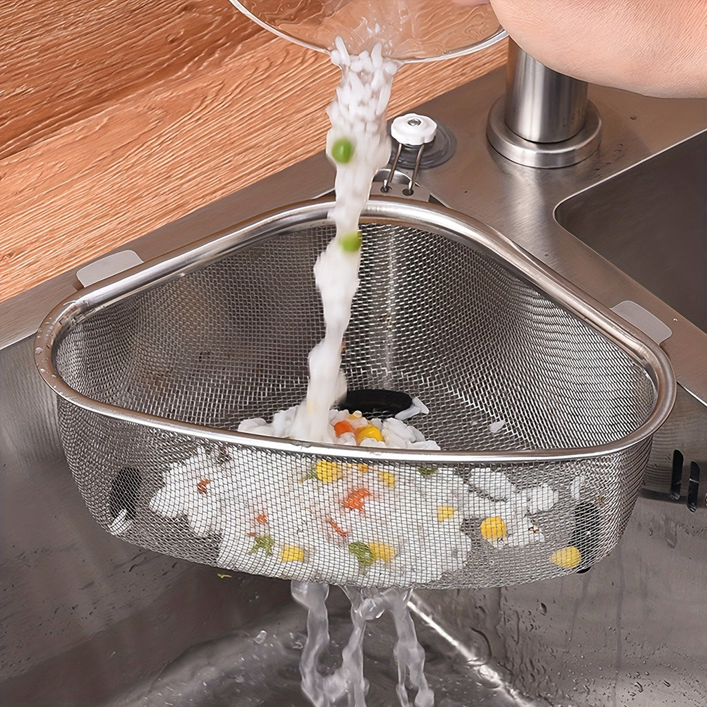 Triangular Stainless Steel Sink Strainer Basket - Removable Food Waste Filter with Mesh Storage Basket, Easy to Clean, for Hanging & Standing in Kitchen, Kitchen Sink Drain Basket