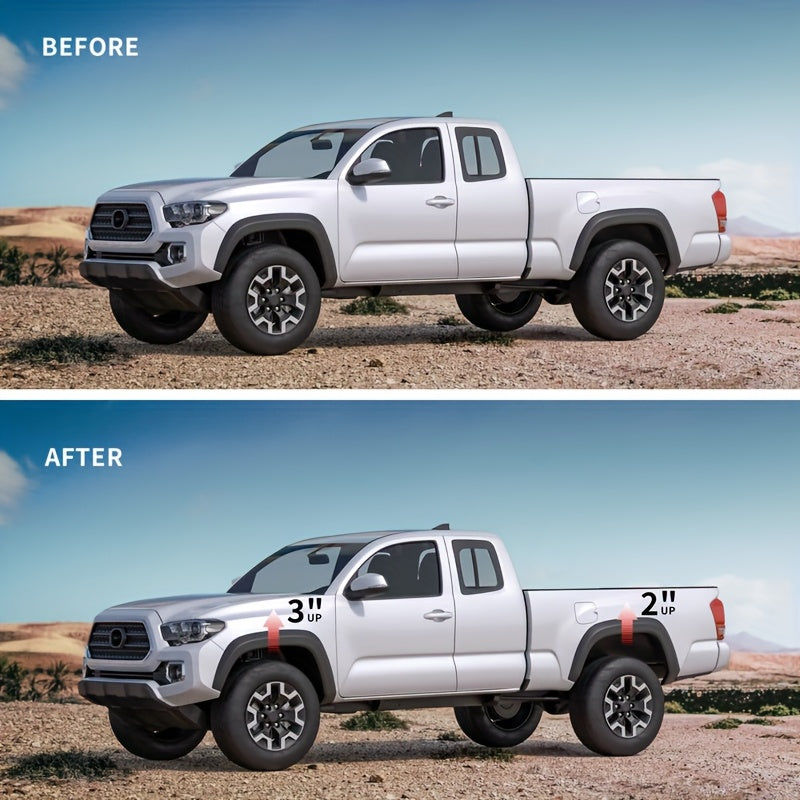 Suspension Lift Kit, Material: Front 6061 Aluminum, Rear Iron, Surface Finish: Front Black Anodized, Rear Black Powder Coated, Fitment: 2005-2023 TOYOTA TACOMA 3" FRONT AND 2" REAR LEVELING LIFT KIT, Front Outer Diameter: 126mm