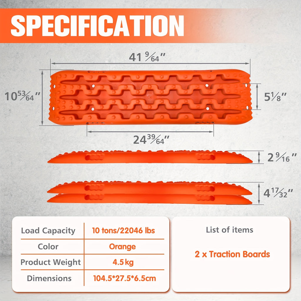 Off-Road Recovery Traction Boards – 4WD Rescue Mats for Mud, Sand, Snow & Rocky Terrain. Pair of 4x4 Recovery Tracks with 2 Straps, for RVs, Trucks, Jeeps, SUVs – Available in Orange & Red