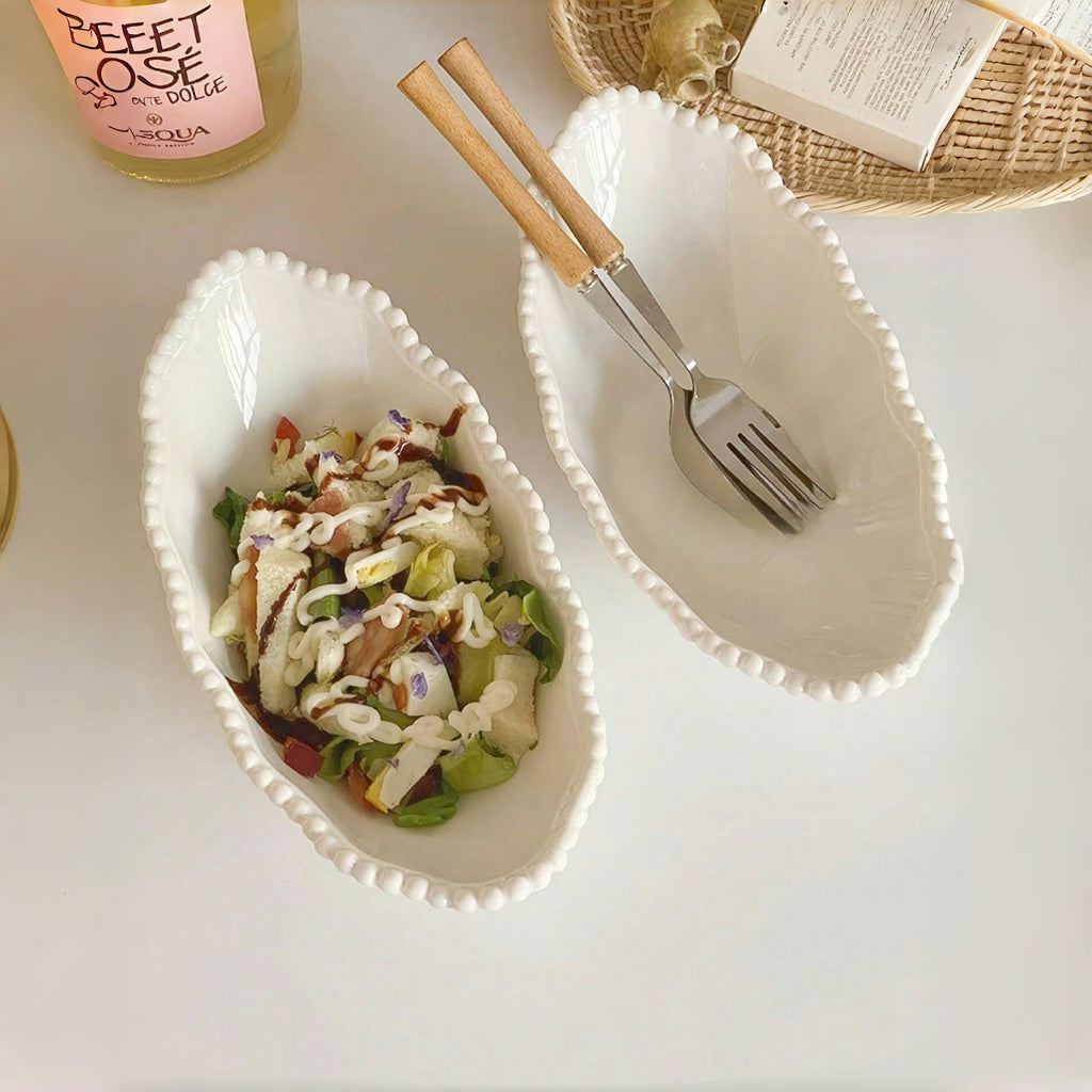 1 Embossed Pearl Oval Ceramic Snack Bowl, French Vintage Pearl Oval Bowl, High-Appeal Large-Capacity Home Serving Bowl, Perfect for Restaurant, Hotel, Party Tableware