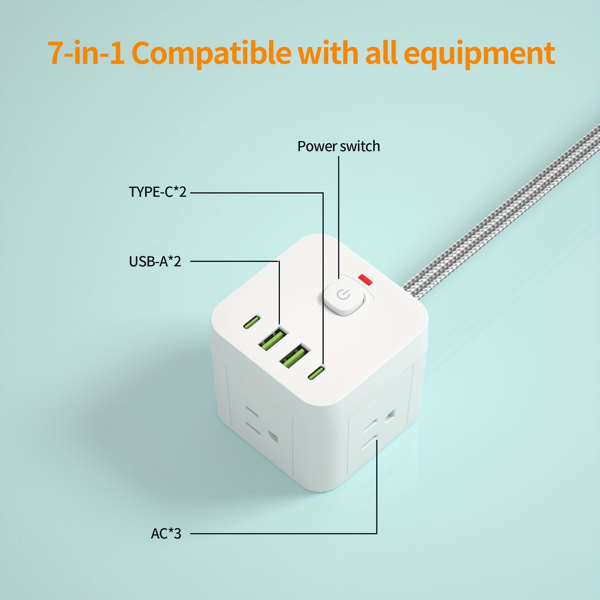 Compact Wall Outlet Featuring a 1.5-Meter (5-Foot) Extension Cable, Designed to Meet American Standards. It Comes with Two Sets of 8-In-1 Versatile Sockets, an Individual Power Switch for Each Socket, And a Surge Protection Feature