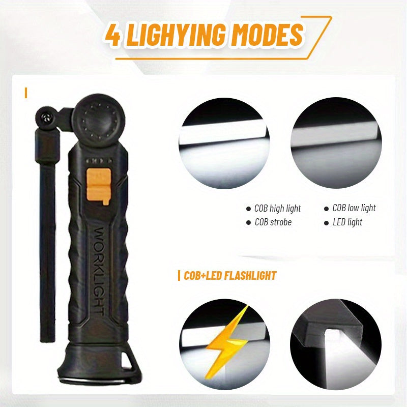 1-Pack, High-Brightness Handheld LED Flashlight, USB Rechargeable, Suitable for Home Use. This Portable Foldable Work Light Features 4 Modes & a Mini COB Flashlight Design.