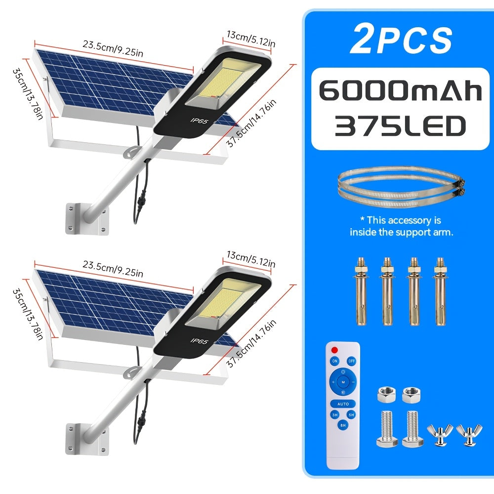 2 Pack Powerful Solar Street Light, IP65 Outdoor Light, 6500K Security Floodlight, Dusk to Dawn, with Remote Control, 6000mAh Large Capacity, High Brightness 375 LEDs, Perfect for Streets, Pathways, Courtyards, Gardens, Garages, Parking Lots