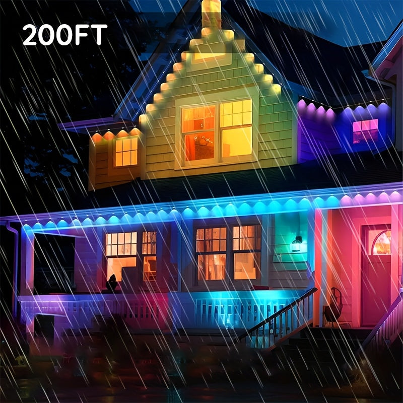 200Ft 永久型 RGB 屋檐灯，具备App控制、遥控器、场景模式，专为户外装饰设计，适用于花园、派对和节日