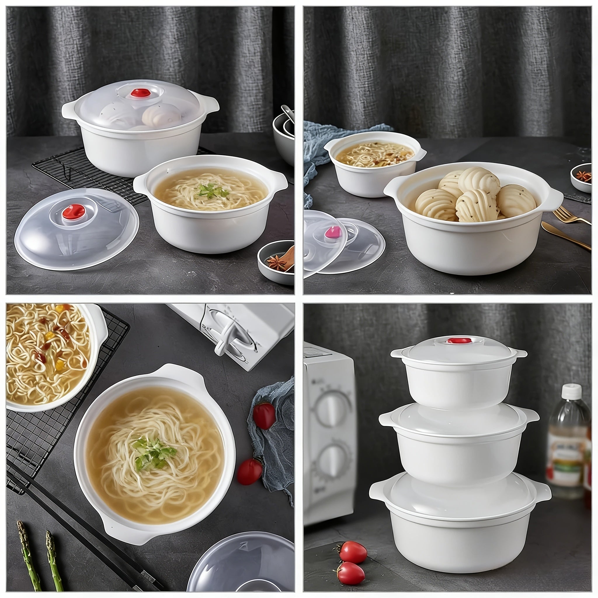 微波炉可加热的碗具,圆形食品级PP5碗具套装（含盖） 健康安全放心 可用于汤碗，饭碗，菜碗 方便面碗 蒸笼加热包子馒头食物, 1-3分钟即可加热食物 厨房好帮手,高端厨房用餐体验