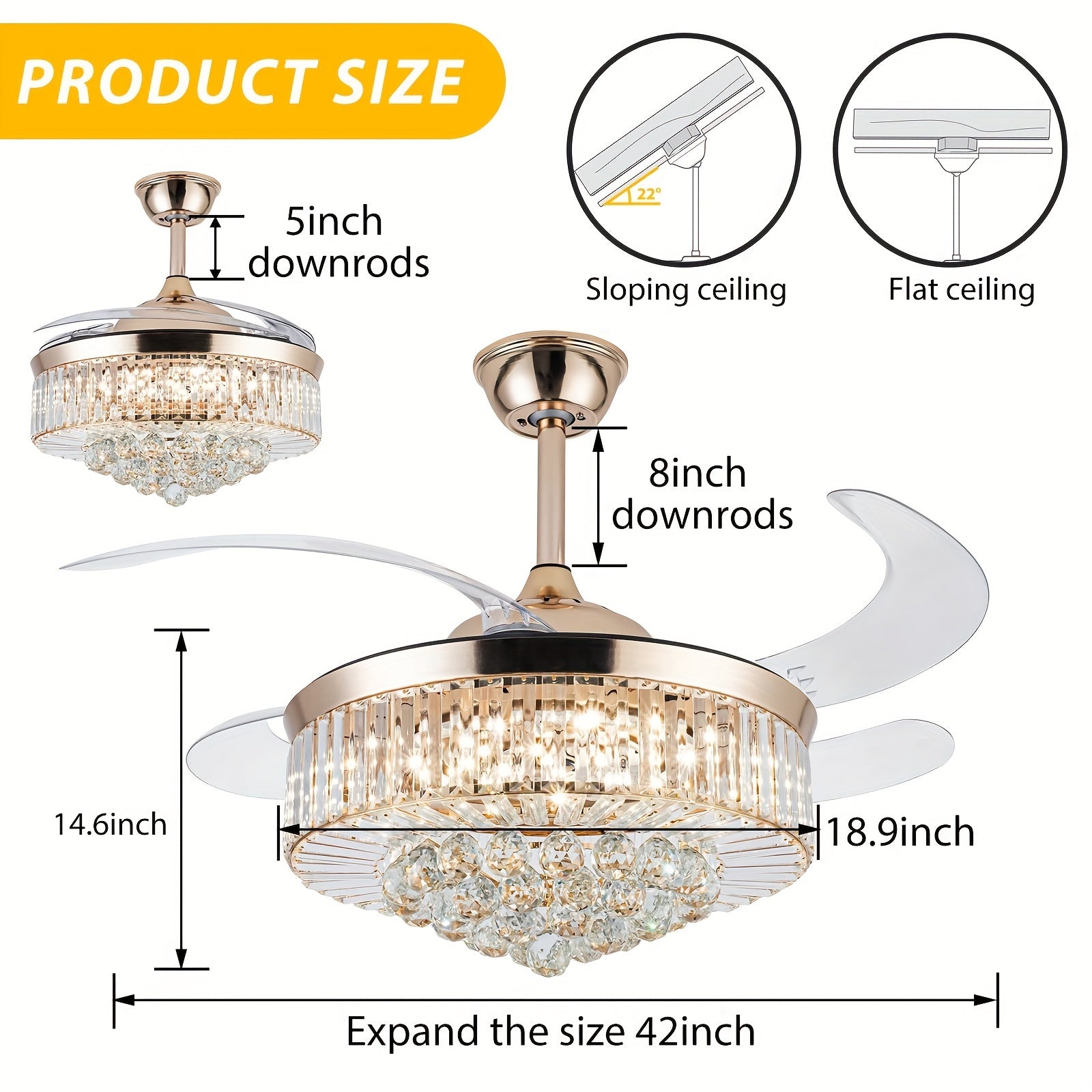 42 Inch Reversible Crystal Ceiling Fan with Light, Stepless Dimmable Modern Retractable Invisible Blades, 6 Speed Levels, Ceiling Fan Set for Living Room Bedroom (Gold)