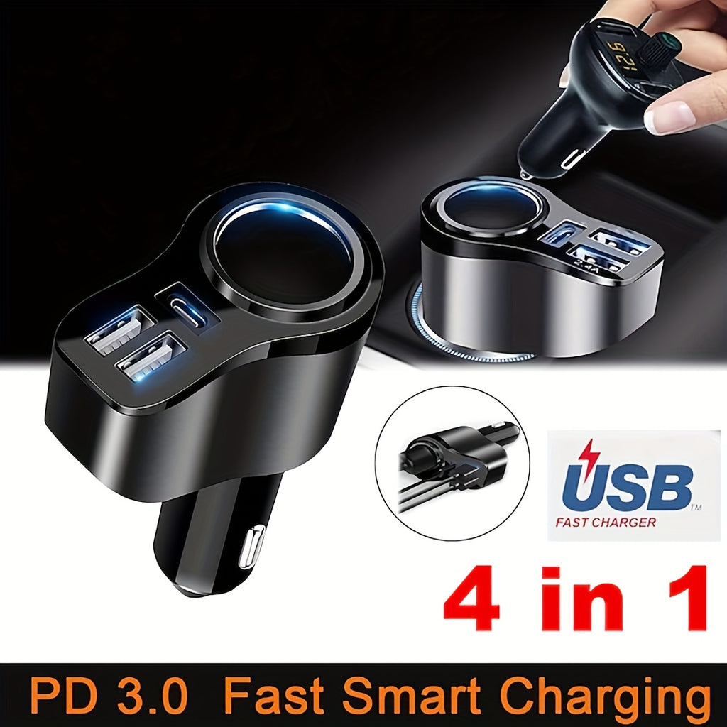 4-in-1 USB-C Car Charger, 47 Watts, Multi-Function Socket Splitter with 3 USB Ports, 12V/24V Dual USB Type-C PD Fast Car Adapter, GPS