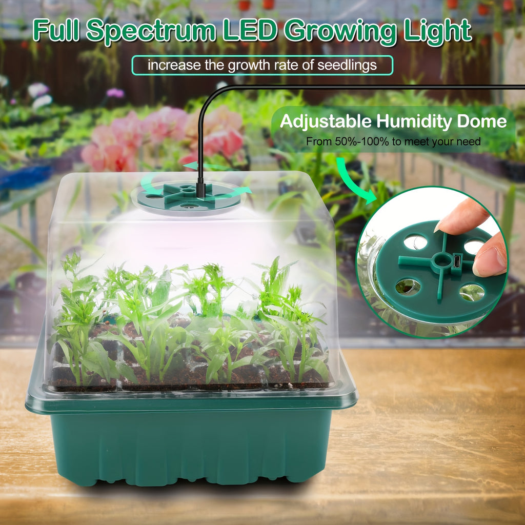 6-Piece Seed Germination Tray Set, Seed Starter Kit with Grow Light, Nursery Tray with Humidity Dome, 3.9 Inch Tall Lid with Drain Holes, Ideal Indoor Spring Vegetable & Fruit Seedling Device, 12 Cells Per Tray