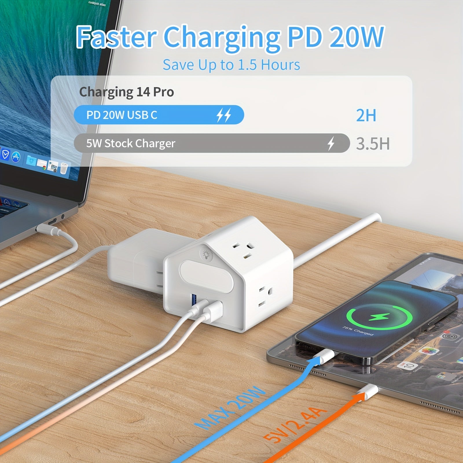 4-Outlet Power Strip with Surge Protection, Featuring 2 USB And 1 Type-C Fast Charging Ports | High-Quality 6.2Ft Cable, Enhanced Safety for Home, Office, And High-Power Devices